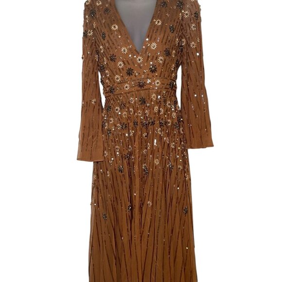 Mac Duggal Cognac Sequin Floral Midi Dress Size 2 NWT Sample Style 94076 - Picture 3 of 6